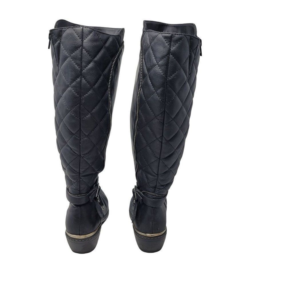 Rieker Vegan Leather Black Knee High‎ Zip Up Boots 40 Belted Buckle Quilted - Picture 7 of 12
